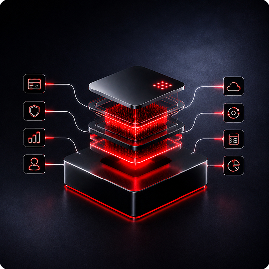 Servers with stacked red LEDs connected to services.
