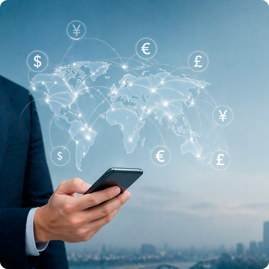 a man with a cell phone under a transparent image of a world map, respective currencies by country