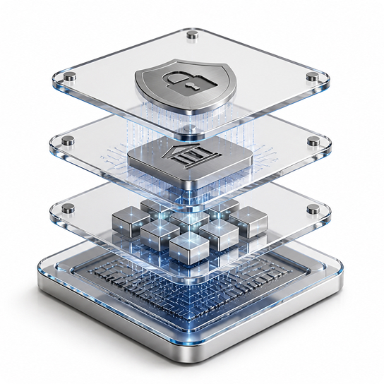 A stack of servers in transparent and silver, representing a modern global platform.