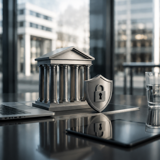 Image of the Parthenon with a safety symbol among modern buildings