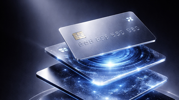 A card on a stack of circuitsby a circle representing an integrated card processing platform