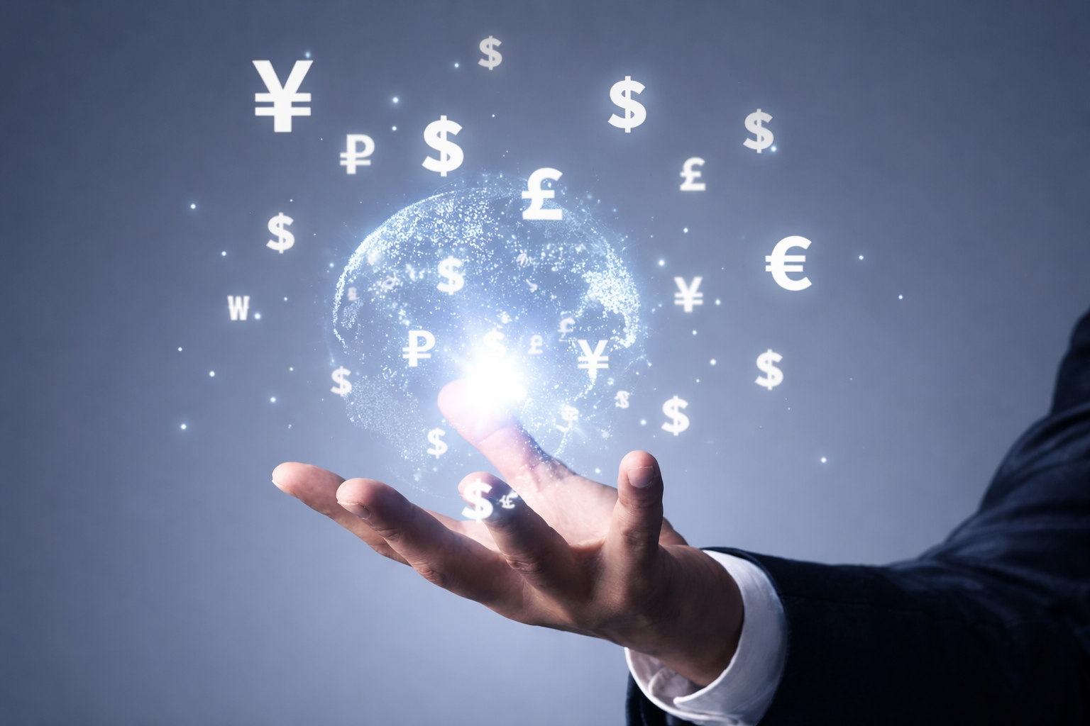 A hand holding a crystal ball with international currency floating in it